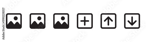 User interface photo gallery icons for landscape images plus signs and vertical movement navigation buttons set.