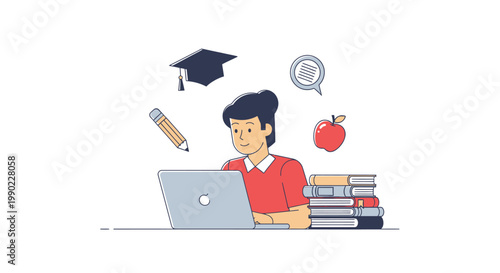 Student studies with laptop and books in a classroom setting with graduation cap
