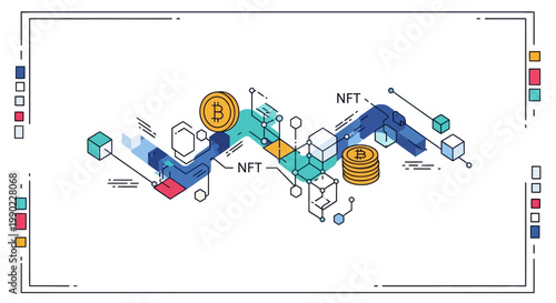 A vibrant illustration of NFT digital art forms and blockchain technology elements interacting seamlessly.