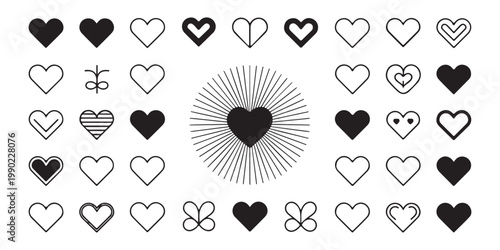 Geometric heart vector collection, set of 48 diverse heart shapes in outlined and solid styles, unique designs.