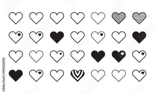Heart shapes vector icons set outline filled striped and decorative for design.