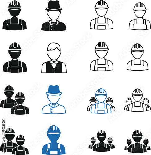 Construction worker avatar icon set featuring engineers, builders and technicians, line and solid style professional people icons collection isolated on white background