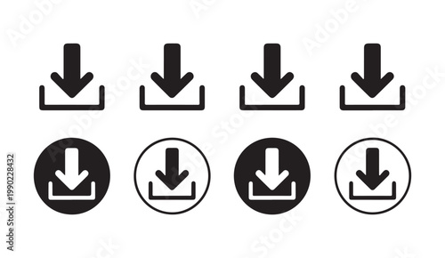 Set of download icons in black solid and outline styles arrows pointing down on gray checkered background.