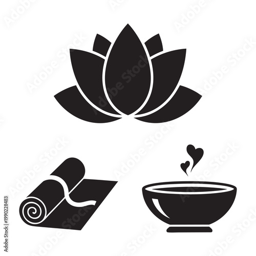 Zen mom wellness icons with lotus flower and yoga mat set