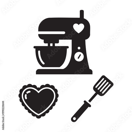 Kitchen baking icons with heart stand mixer and tart set