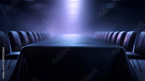 Mysterious Meeting: An empty meeting room, bathed in an ethereal light, exudes an aura of anticipation and intrigue, with a long table and chairs ready for a clandestine gathering.
