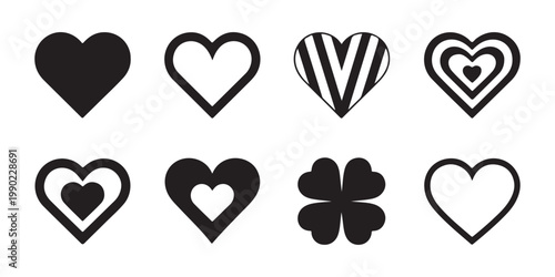Diverse heart shape variations with striped patterns and nested designs for decorative and romantic purposes.