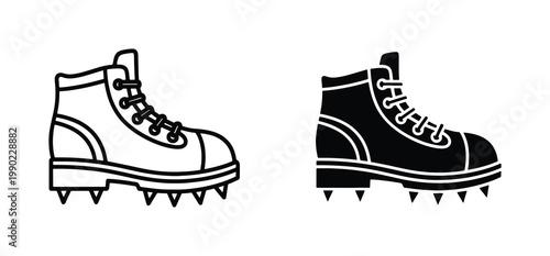 Crampon hiking boots vector icons, mountaineering footwear with metal spikes, black and white winter climbing boot set for outdoor adventure