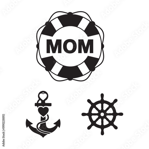 Nautical mom icons with lifebuoy and heart anchor set