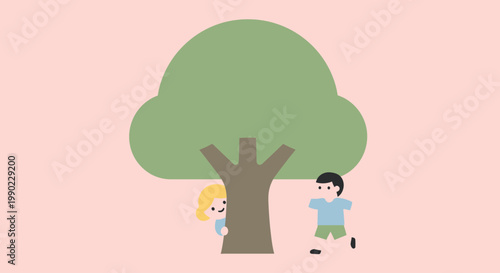 Children Playing Around Tree Trunk Together.