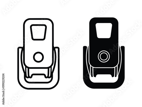 Minimalist seat belt buckle icon set, black and white safety harness latch vector, industrial fastener symbols for automotive and travel design