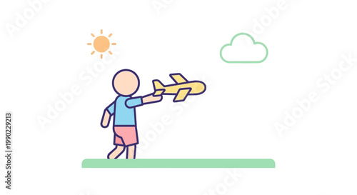 Boy Playing with Toy Airplane Outdoors.