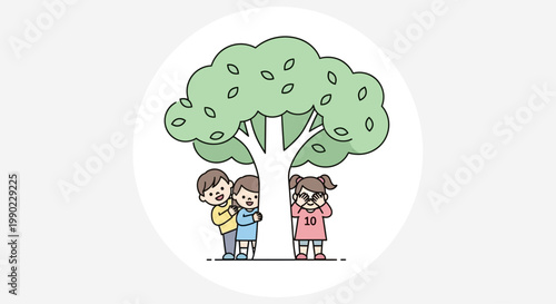 Three children standing under a tree.
