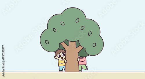 Cartoon kid standing next to tree.