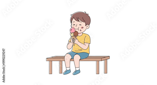 Boy Eating Ice Cream Outdoors.