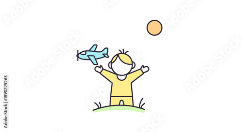 Child Playing With Toy Airplane Outdoors.