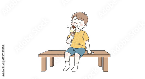 Boy Sitting on Bench Eating Icecream.