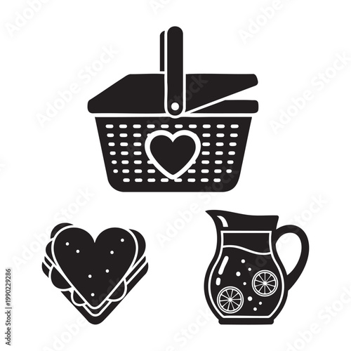 Mother's Day picnic icons with heart basket and sandwich