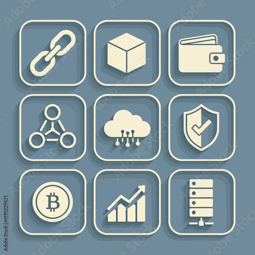 Cryptocurrency and Blockchain Icons Set.