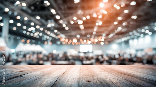 A Glimpse into Grand Gathering: Wooden table, blurred background. An abstract image that hints at the vibrant energy of a convention or large-scale event, filled with countless attendees.