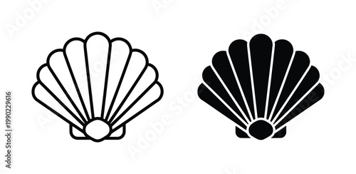 Minimalist seashell vector icons, black scallop shell line art and solid silhouette set, nautical beach symbols for summer branding and logo design