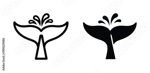 Minimalist whale tail icons, black silhouette and outline fluke symbols with water splashes, marine life vector graphics for nautical branding
