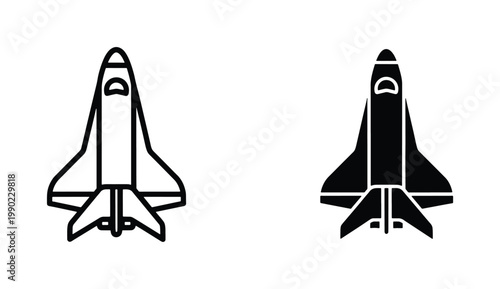 Space shuttle vector icons set, black outline and solid silhouette spacecraft symbols, aerospace transport graphics for science and technology projects