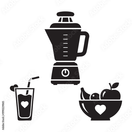 Healthy mom icons with electric juicer and smoothie glass