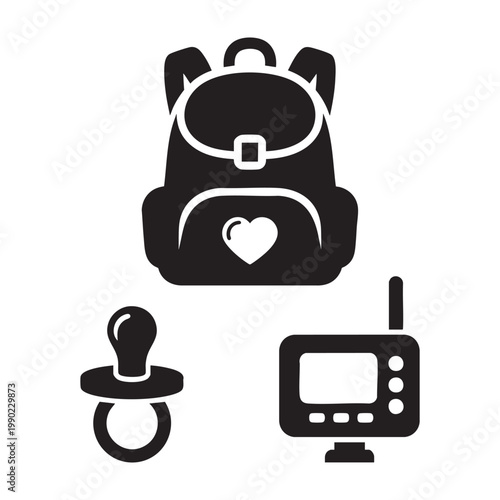 Baby care icons with diaper bag heart pacifier and monitor