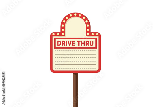 Retro drive thru sign vector illustration with illuminated marquee and customizable message board