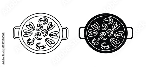 Spanish seafood paella icons, traditional mediterranean cuisine in pan vector, black and white line art of shrimp and mussels dish
