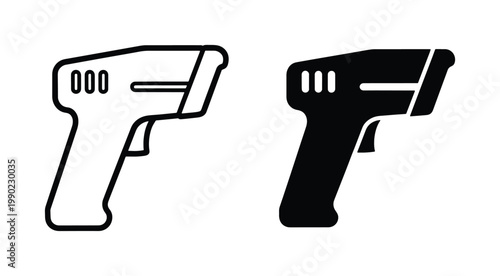 Infrared digital thermometer gun icons, non-contact medical temperature scanner vector set, black and white laser forehead thermometer symbols