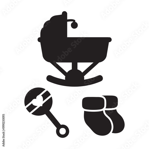 Mother's Day nursery icons with cradle rattle and booties