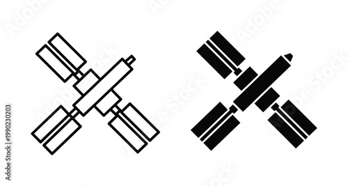 Space station vector icons, minimalist satellite silhouette and outline set, orbital laboratory symbols for science and aerospace technology design