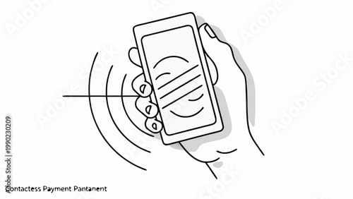 Close up of a hand holding a modern smartphone displaying a contactless payment interface with radiating signal waves symbolizing modern financial transactions and digital