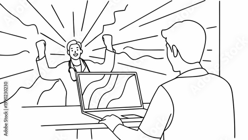 Joyful doctor celebrating success during a remote telehealth consultation with a patient via laptop conveying positive news and encouragement through an online video call