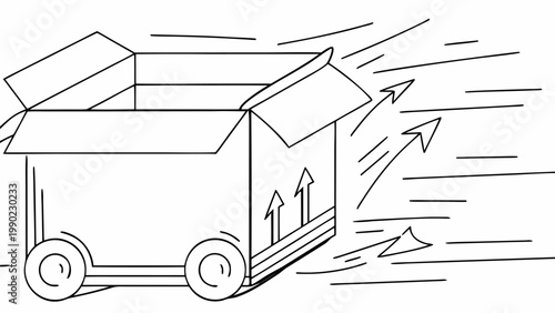 Open cardboard delivery box with wheels and motion blur effect depicting rapid shipping and fast logistics conveying speed and efficiency in e commerce and package delivery