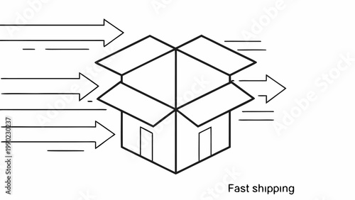 Open cardboard delivery box with dynamic motion lines and speed effect arrows indicating rapid transit and efficient logistics for e commerce and shipping services