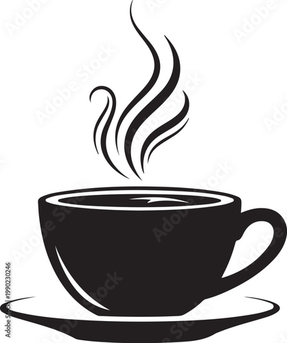 Black coffee cup with steam on saucer white