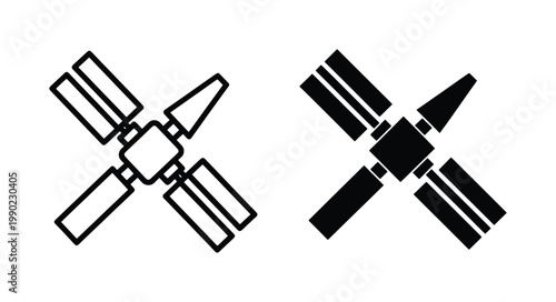 Satellite vector icons in outline and solid black styles, orbital space station symbols, aerospace technology equipment for telecommunications and research