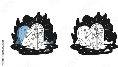 Jesus Christ Resurrection Illustration, Savior Rising from the Empty Tomb with Shepherd Staff, Religious Christian Easter Line Art Vector for Church Graphic Design and Faith Projects
