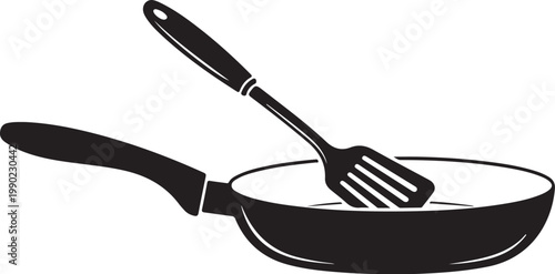 Black frying pan with spatula cookware kitchen utensil