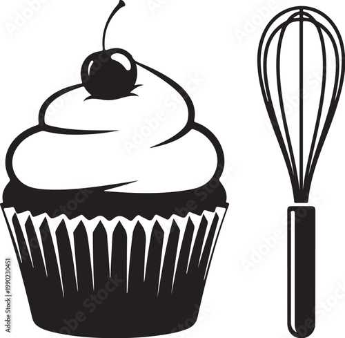 Black cupcake with white frosting and cherry whisk baking