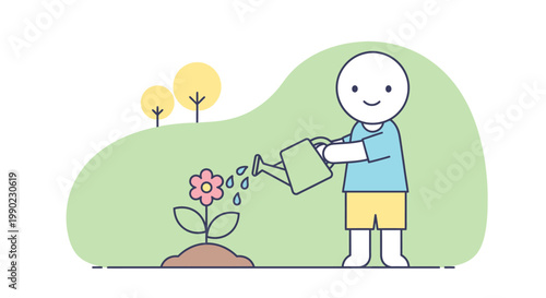 Cartoon person watering a flower plant.
