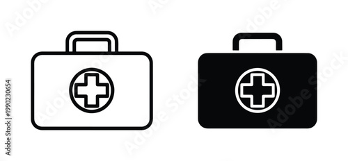 Medical first aid kit icons, black outline and solid silhouette emergency bag symbols, healthcare doctor briefcase vector set for hospital apps