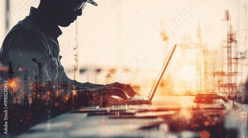 Electrical engineer using laptop for design (close up, focus on, copy space) vibrant screen and interface, double exposure silhouette with CAD