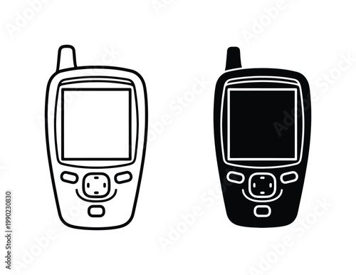 Handheld GPS navigator icons, portable satellite tracking device vector set, black and white global positioning system equipment for hiking and travel