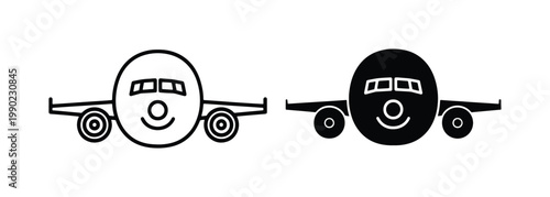 Airplane front view icons, minimalist commercial aircraft vector set, black and white passenger plane symbols for travel and aviation design