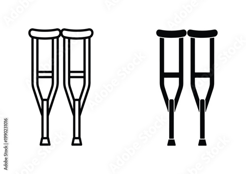 Medical crutches vector icons set, black and white orthopedic walking aids, mobility equipment symbols for healthcare and injury recovery