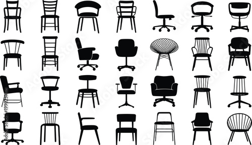 Furniture chair silhouettes set, modern office seating, wooden dining chairs, armchair icons, home interior decor elements, minimalist vector collection, isolated, 2026.